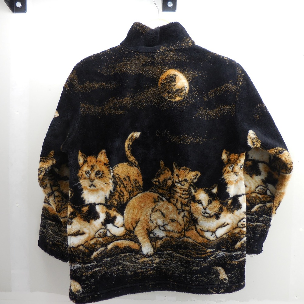 Mazmania Vintage Cat Full Moon Deep Fleece Jacket Zip Up Black USA Made L 10/12 - Picture 2 of 6